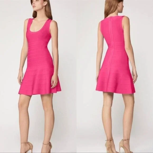 Herv Leger | Dresses | Herv Leger Pink Fit And Flare Hot Pink Bandage  Cocktail Dress Size Xxs Nwt | Poshmark